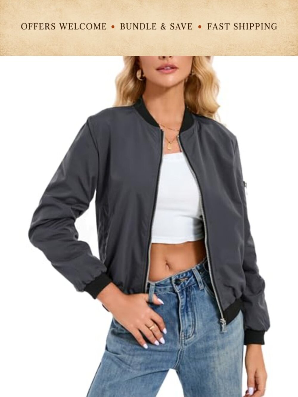 Women's Lightweight Zip Up Bomber Jacket with Pockets